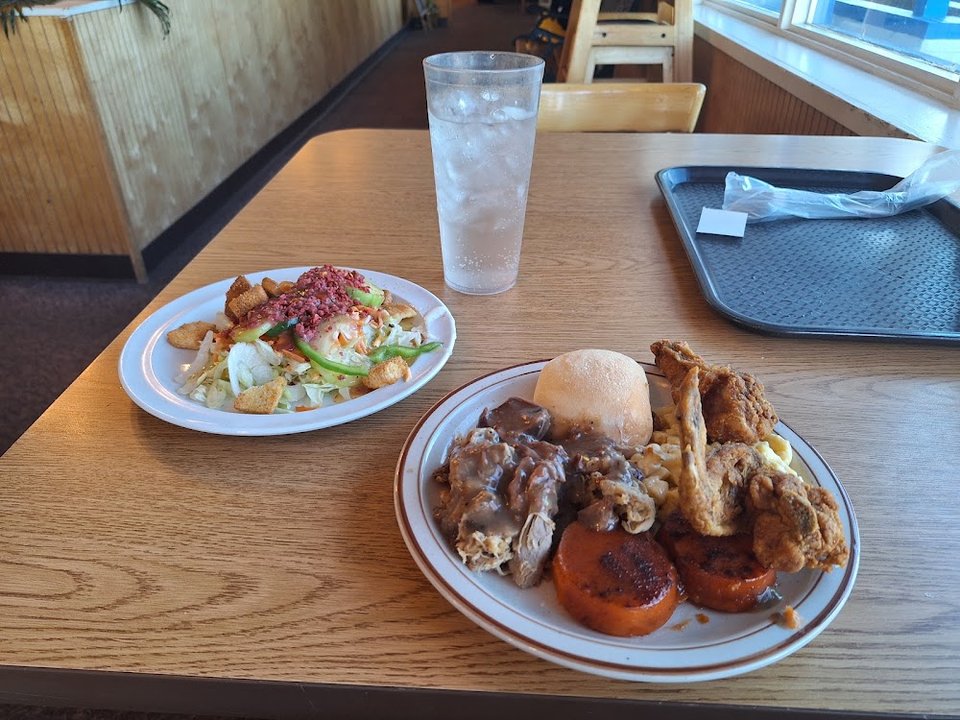 Restaurant menu with fried shrimp and pork chops