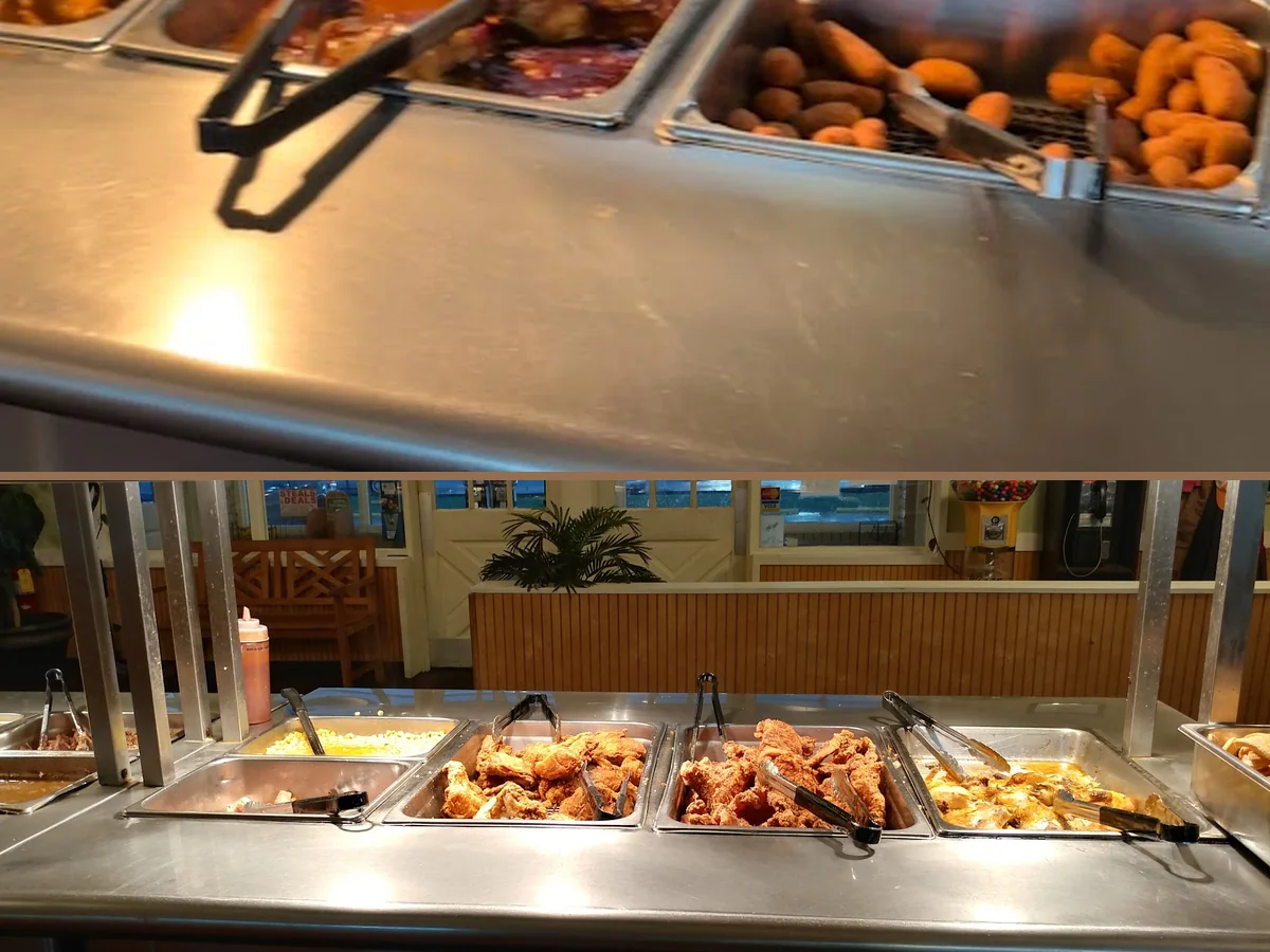 Plates of Southern food on a buffet counter