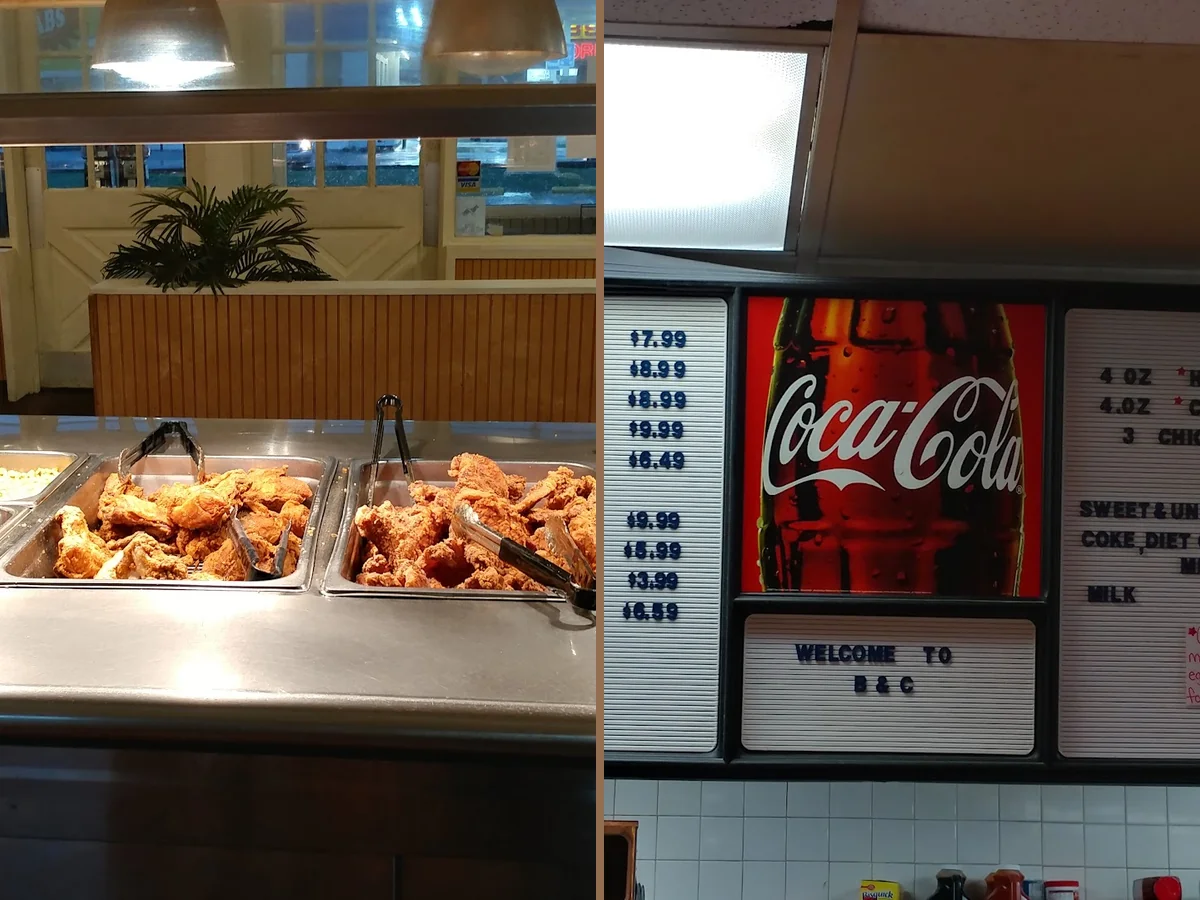 Plates of Southern food on a buffet counter